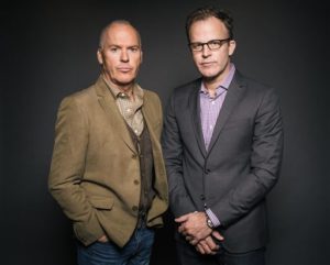 In this Wednesday, Nov. 4, 2015 photo, actor Michael Keaton, left, and writer/director Thomas McCarthy pose for a portrait during press day for "Spotlight" at The Four Seasons, in Los Angeles. The movie opens in U.S. theaters on Friday, Nov. 6, 2015. (Photo by Casey Curry/Invision/AP)