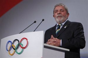 Brazil's President Luiz Inacio Lula da Silva speaks during the Rio de Janeiro 2016 bid presentation during the 121st International Olympic Committee session at the Bella Center in Copenhagen, Friday, Oct. 2, 2009. Chicago, Madrid, Rio de Janeiro and Tokyo are competing for the right to host the 2016 Summer Olympic Games. The IOC will choose the winning city in a vote on Friday in Copenhagen.(AP Photo/Charles Dharapak, Pool)