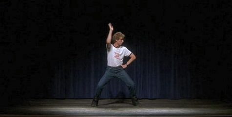 Napoleon dances in front of the Preston High student body. His song of choice: Jamiroquai’s “Canned Heat”. (Image courtesy of Fox Searchlight)