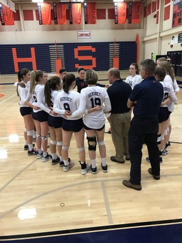 Hershey Girls volleyball team huddles during  a timeout. Hershey lost to Lower Dauphin 0-3 on Tuesday October 11, 2016 at Hershey High School. (The Broadcaster/ Sofia Suri) 