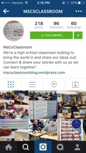Photo taken September 27th of HHS teacher Brianna Crowley’s classroom Instagram which she created for the 2015-16. school year in hopes of communicating with other educators, as well as her students and their parents. Along with Instagram Crowley uses Twitter and Facebook in her classroom school in hopes of communicating with other educators, as well as her students and their parents. (Online photo from Mrs. Crowley’s Instagram : @MSCSCLASSROOM)