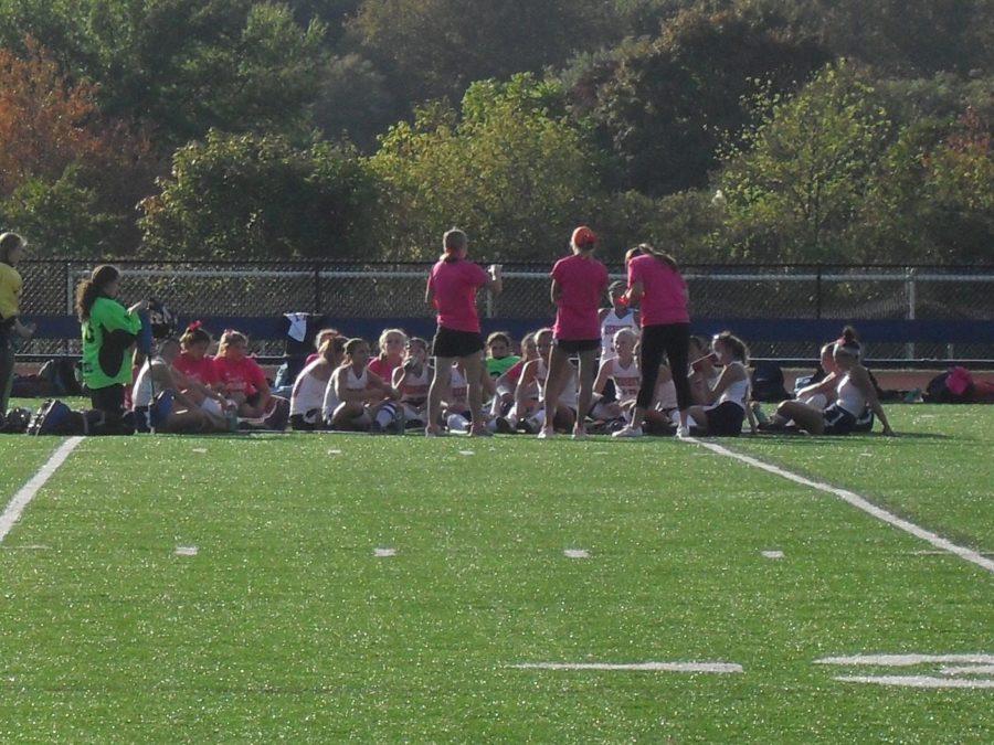 The HHS Field Hockey team takes a timeout after the first quarter of their game against Susquehanna Township on October 8, 2015. The team later took home the win with a score of 5-0.