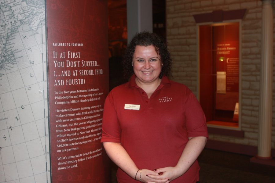 Caroline Sandoval stands next to a display that documents Milton Hershey’s early failures at The Hershey Story Museum in Hershey, PA on Wednesday, September 23rd, 2015. Sandoval said she can relate to Milton Hershey’s failure and hopes to be successful like he was. 
