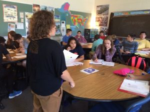 Angela Grabuloff, civics teacher, teaches her last class period of the day about the Constitution on September 15, at Hershey High School. Grabuloff enjoyed talking with the students and getting them excited so that they are ready to learn. 