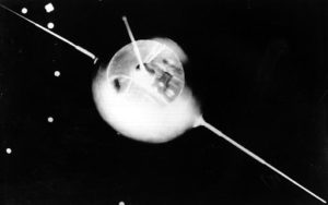 This is a model of a Soviet Earth satellite, Sputnik 1, on display at the Prague Czechoslovakia exhibition on Oct. 7, 1957, marking the 40th anniversary of Russia's October Revolution that overthrew the czar.  The actual Sputnik 1 capsule was launched by the Soviet Union Oct. 4, starting the Space Race with the U.S.  (AP Photo)