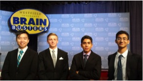 2)Brain Buster competitors (from left to right) Jesse Cui, Brendan Twaddell, Samika Kanekar, and Omer Qureshi pose for the camera at the WGAL studio in the early fall. They have just won their first competition of the 2015-2016 school year. 