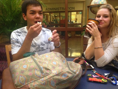 Zach Som and Karleiagh Moritz, seniors at HHS, ate their breakfast in the library before school started on October 9th. They spent time waking up and chatting before school started. 