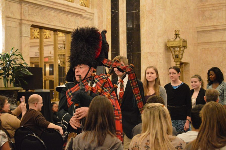 At last year’s school wide Poetry Out Loud competition, held at the Hershey Theatre, competitors are led into the performance area by a traditional Scottish bagpiper. (Photo courtesy of Colette Silvestri)