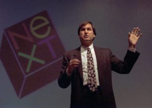 Steve Jobs of Next Computer Inc. gestures during his key-note speech opening the Unix Expo at the Javits Convention Center in New York City Oct. 30, 1991. (AP Photo/Dick Drew)