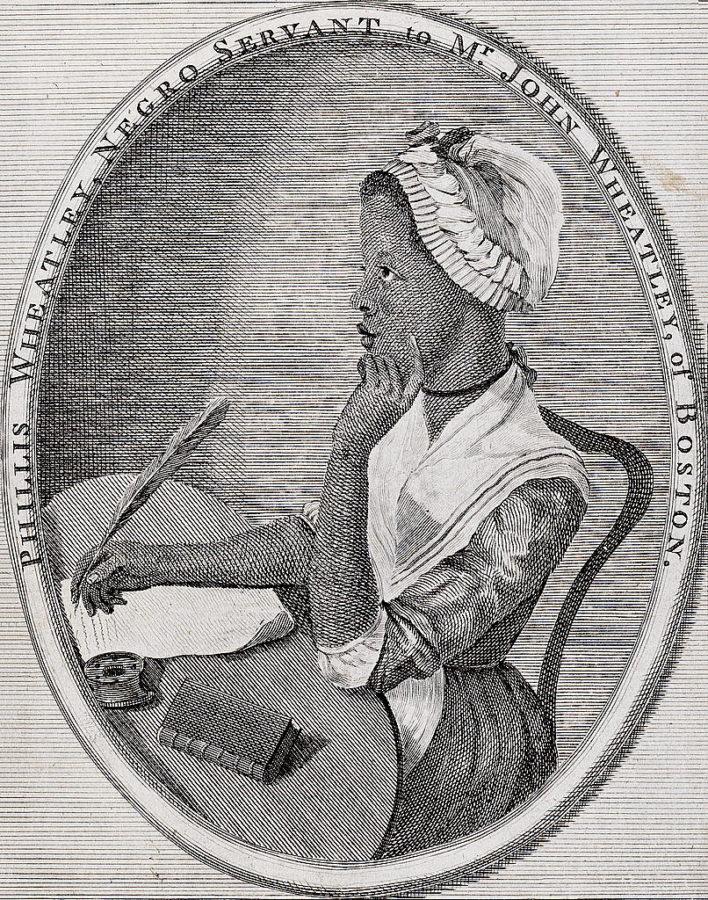 An image of Phillis Wheatley from the frontispiece to her book Poems on Various Subjects.  The illustration was done by Scipio Moorhead in 1773. 