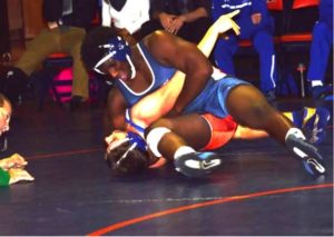 HHS Senior J’Michael Wedderburn gets the upper hand in his 195 lb match. Wedderburn lost 9-3 to LD’s Hunter Harnish. 