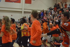 Hershey’s student section storms the court after the 54-46 win against Lower Dauphin. (Broadcaster/ Kaylee Williams)