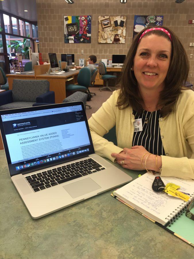 Dr. Stacy Winslow, Derry Township School District’s Assistant to the Superintendent for Curriculum, Instruction, and Assessment, visits the Pennsylvania Department of Education website in the HHS library on Thursday, March 10th, 2016. Winslow recognizes the public’s pushback on standardized testing. 
