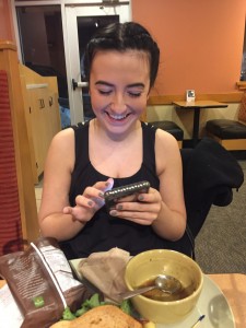 Palutis refreshes her social media during dinner at Panera Bread in Hummelstown on Wednesday, January 27, 2016. Palutis feels anxious when she is without her phone . 