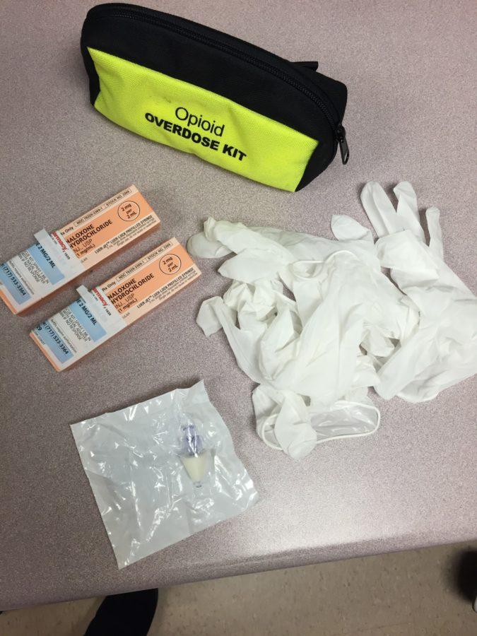 Two doses of Narcan with gloves and a kit are pictured on top of a table in Nurse Blackburn’s office on Friday, March 4, 2016. Narcan came to Hershey High School in February for free to be used in case of an emergency. Pictures by Irene Ciocirlan.
