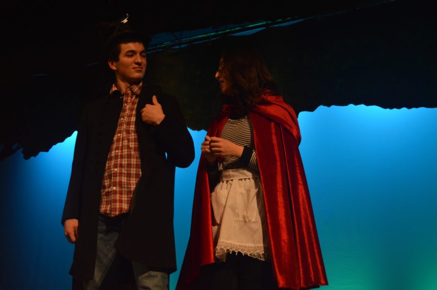 Little Red Riding Hood, Julia Rippon, and the wolf, Patrick Gavazzi, practice their song “Hello, Little Girl” on February 22, 2016. Gavazzi also plays as Cinderella’s Prince. Photo by: Cara McErlean 