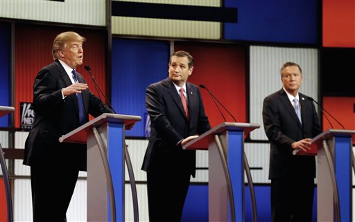 In this March 3, 2016 file photo, Republican presidential candidates, businessman Donald Trump, Sen. Ted Cruz, R-Texas, and Ohio Gov. John Kasich appear during a Republican presidential primary debate at the Fox Theatre in Detroit. Michigan Republicans meet Saturday, April 9, in Lansing for their annual convention with one of the main agenda items the choosing of delegates to the partys presidential convention in July in Cleveland. (AP Photo/Paul Sancya)