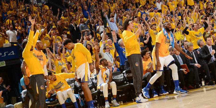 The Warriors bench celebrates on April 18, 2016 in Game 2 win versus the Rockets. Golden State leads Houston two games to none. (via Twitter / @warriors)
