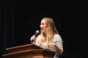 Senior Alexa Buck shares her transformation from freshman year to senior year. Buck encouraged students to be confident in who they are, and do what makes them happy. (Broadcaster/Henry Isaacson)
