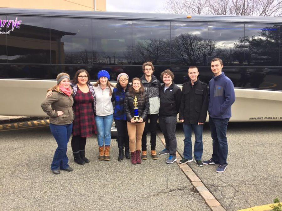 After a successful weekend of singing, Hershey’s jazz ensemble poses with their silver rating trophy. From left: K. Robinson, S. Torres, G. Gavazzi, R. Zhang, H. Paymer, J. Nantz, P. Starner, J. Haldeman, J. Bressi (Photo courtesy of Trish Moritz)
