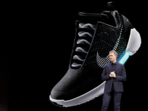 Nike CEO, Mark Parker, unveils the Nike Hyperadapt 1.0 on March 16th, 2016, in New York City. The sneakers are the first to tie themselves. (USA Today) 