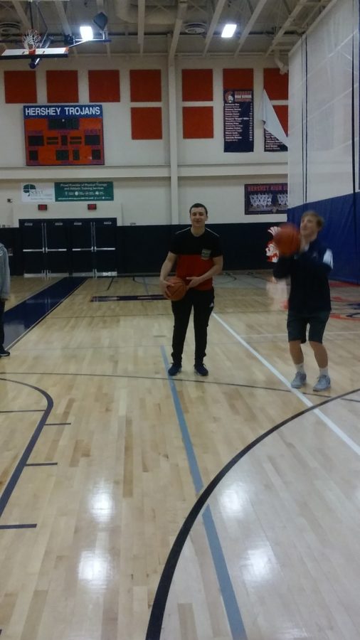 Sabatino Lannarello gets ready to shoot at Hershey High School Community Day’s  “Gym Time Fun” on April 29th, 2016.  Basketball was Iannarello’s favorite activity was Gym Time Fun. (Broadcaster/Brandon Hill)		
