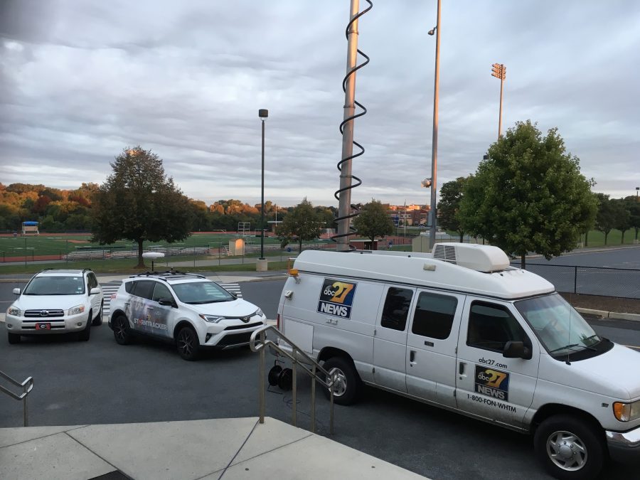 ABC27 news vans line up outside of Hershey High School this morning in preparation for the “Friday Morning Lights” pep rally. 