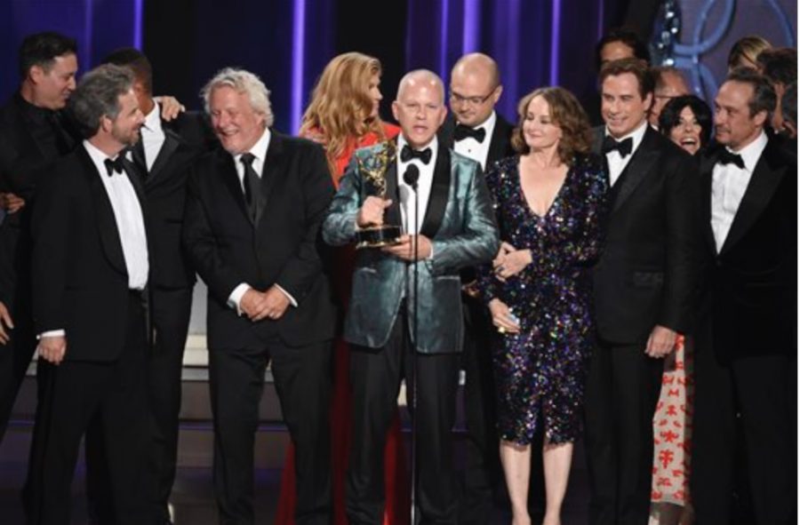 Ryan Murphy and the cast and crew of “The People v. O.J. Simpson: American Crime Story” accept the award for outstanding limited series at the 68th Primetime Emmy Awards on Sunday, Sept. 18, 2016, at the Microsoft Theater in Los Angeles. (Photo by Chris Pizzello/Invision/AP)