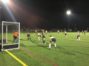 The HHS Field Hockey team works hard during the first half in attempts to score another goal. The Trojan won 4-0 over East Pennsboro and became Mid Penn Champs on Thursday, October 20th, 2016. (Broadcaster/ Bella D’Adderio)