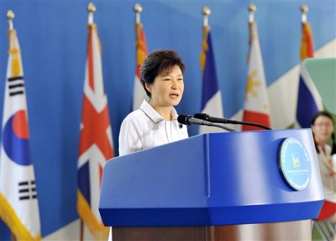 South Korean President Park Guen-hye delivers a speech during a ceremony of the 60th anniversary of the armistice agreement and UN forces' participation in the Korean War, at the War Memorial of Korea in Seoul Saturday, July 27, 2013. In South Korea, the anniversary was marked with a speech by President Park, an exhibit on the war's history and a planned anti-North Korea rally. Park vowed in prepared remarks not to tolerate provocations from North Korea, but she also said Seoul would work on building trust with the North. (AP Photo/ Jung Yeon-je, Pool) 