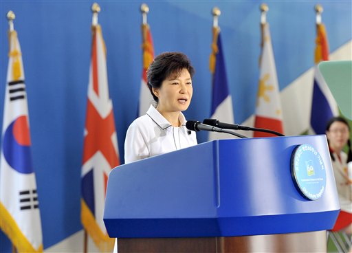 South Korean President Park Guen-hye delivers a speech during a ceremony of the 60th anniversary of the armistice agreement and UN forces participation in the Korean War, at the War Memorial of Korea in Seoul Saturday, July 27, 2013. In South Korea, the anniversary was marked with a speech by President Park, an exhibit on the wars history and a planned anti-North Korea rally. Park vowed in prepared remarks not to tolerate provocations from North Korea, but she also said Seoul would work on building trust with the North. (AP Photo/ Jung Yeon-je, Pool)


