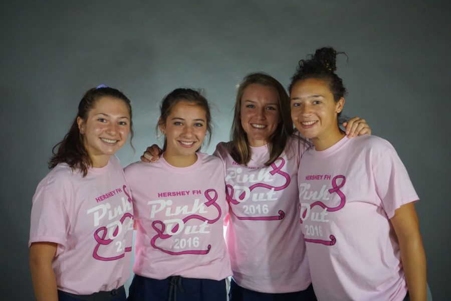  Hershey Field Hockey seniors, Taylor Massage, Ali Cronin, Natalie Sicher, and Mya Christopher pose for a picture in their Pink Out shirts. The seniors have lead the field hockey team to a 6-1 league record. (Broadcaster/ Kieran Holley)