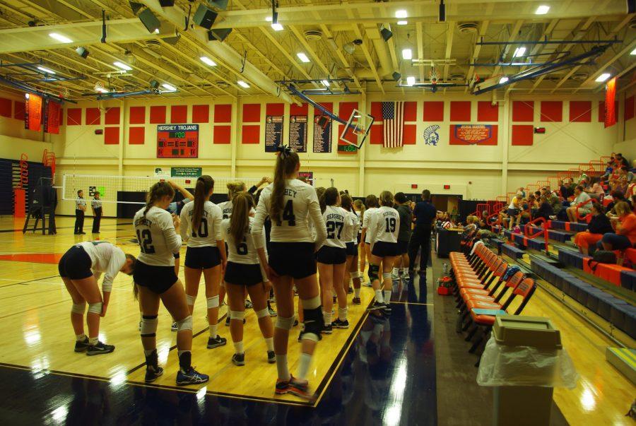 The Hershey High Girls Volleyball team prepares to face off against Mechanicsburg  in a home game on September 20th, 2016. The Trojans edged out a 3-1 victory for their fifth game of the season, ending the match with a 3-2 overall record. (Broadcaster/Omer Qureshi)