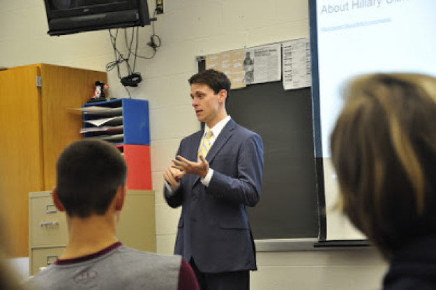 Tom Brier speaks to students during the Young Democrats club session. Brier graduated from HHS in 2010 and is currently a third year Law Student at Penn State University. (Broadcaster/ Mason Benovy) 
