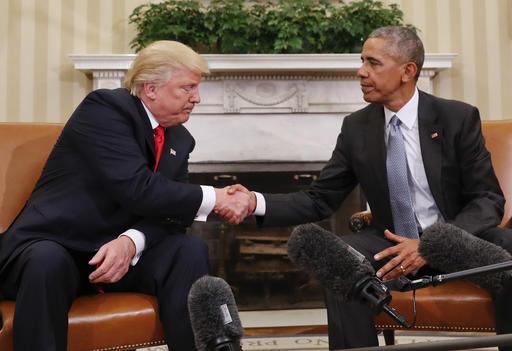 President Barack Obama and President-elect Donald Trump shake hands following their meeting in the Oval Office of the White House in Washington, Thursday, Nov. 10, 2016. (AP Photo/Pablo Martinez Monsivais)
