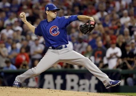 Kyle Hendricks pitching in a game against the Indians in game 7 of the World Series. He would allow no runs after pitching 4 ⅔ innings. (AP Images/Matt Slocum) 