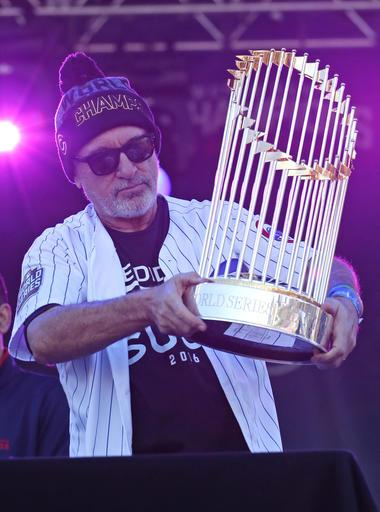 Joe Maddon gives a speech during the Chicago Cubs victory parade. It was the first time the Cubs won the World Series in 108 years. (AP Images/Nam Y. Huh)