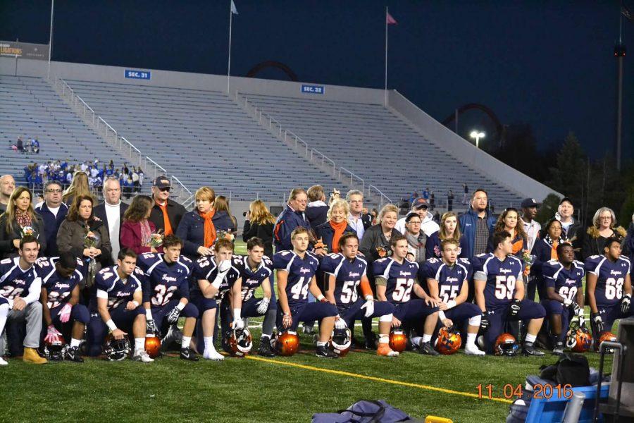 The thirteen Hershey Football seniors line-up to be honored on senior night, Friday, November 4th. The boys played a hard fought game against the Lower Dauphin Falcons. (Broadcaster/Anna Levin)