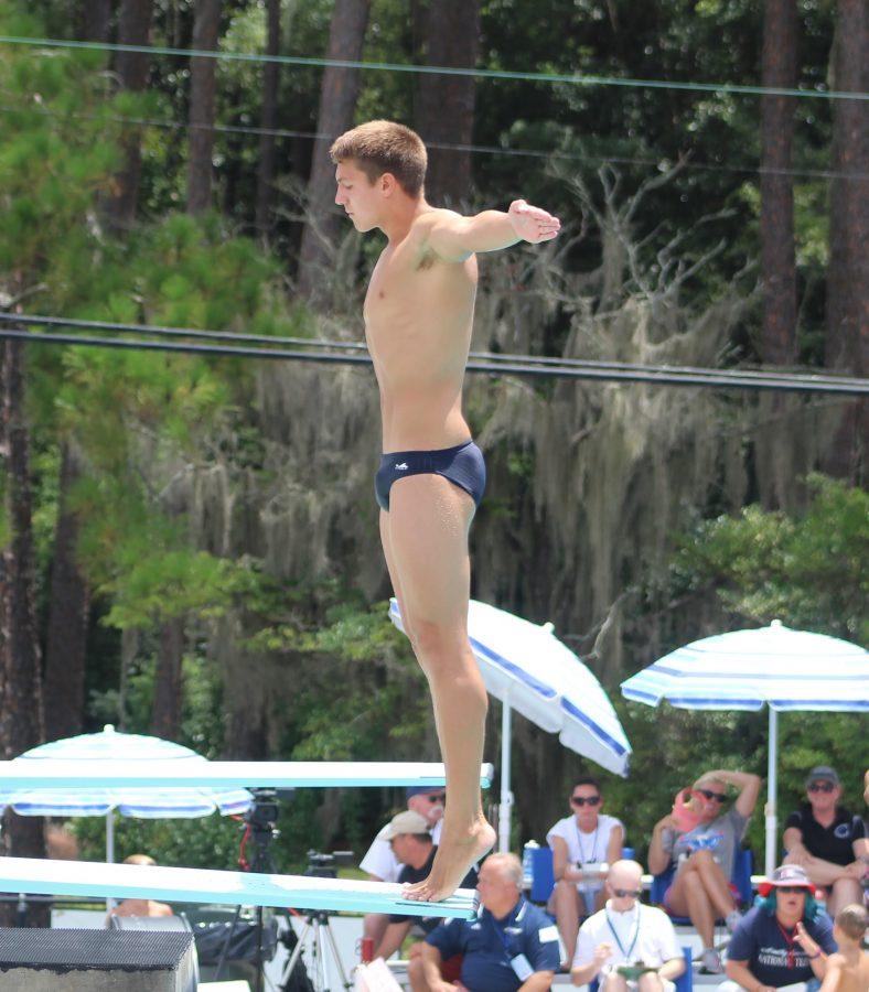 Jake Hedrick prepares for his dive this past summer in Moultrie, Georgia for the Junior National Diving championships. Hedrick has been diving since eighth grade. (HHS Broadcaster/submitted via Jake Hedrick)