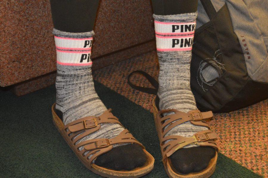 The comfortable, well fitted sandals, Birkenstocks, worn by sophomore Quincy Blubaugh, match with everything. They can be worn with socks or bare feet. (Elaina Joyner/ Broadcaster)
