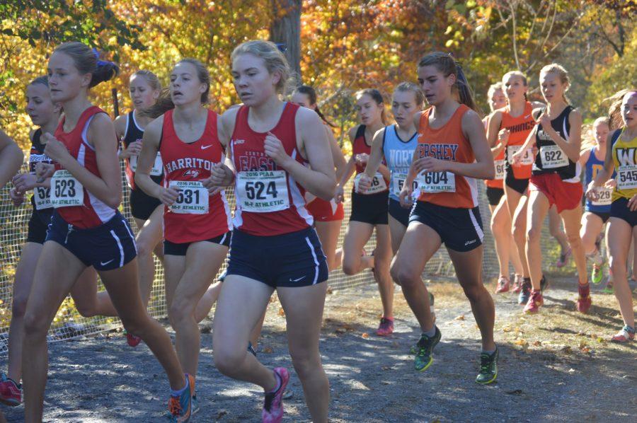 Taylor Mortensen, senior, runs by shortly after the start of the 5k race. Mortensen placed 49th overall. (Broadcaster/Moxie Thompson)