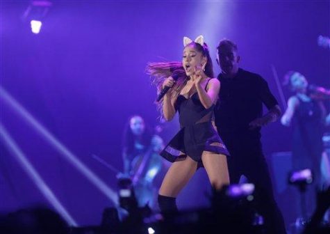 Ariana Grande performs during the honeymoon tour concert in Jakarta, Indonesia, Wednesday, August 26, 2015. (AP Photo/Achmad Ibrahim)