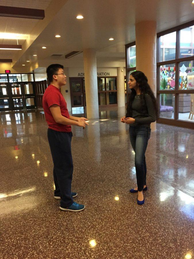 Model UN co-presidents Jason Guo (left) and Twisha Bhardwaj (right) converse after a meeting on November 17, 2016 in Hershey High School. The club meets every Thursday afternoon in Mrs. Shirk’s room. (Broadcaster/ Lynn Dang)