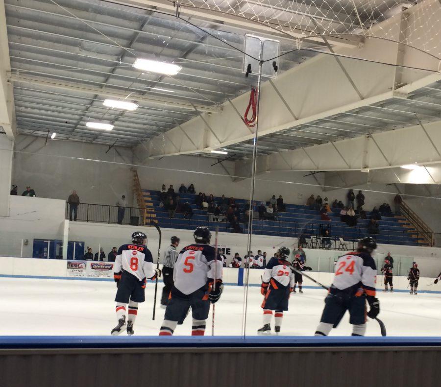 The Trojans skate in after gathering to celebrate the scoring of a goal. Hershey lost to 
Cumberland Valley 7-4 at Klick Lewis Arena on Wednesday, December 7, 2016.
(Broadcaster/Kaitlyn Kelley)
