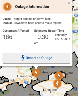 A screenshot of the outage map of Pennsylvania Power and Light (PPL) indicates that the downed power line will be repaired by 10:30am.  The outage caused Derry Township School District to start the elementary school day two hours late. (Broadcaster/Robert Sterner)