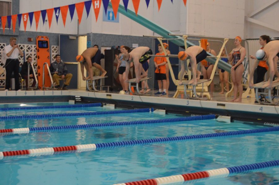 Hershey and CD East swimmers prepare to dive into the water before the 100 Free race. Hershey went on to beat CD East on January 24, 2017 at the Hershey Rec Center. (Broadcaster/ Lynn Dang)