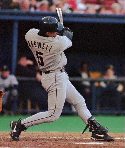 Houston Astros' Jeff Bagwell (5) follows through on a fourth inning upper-deck homer off Pittsburgh Pirates' Danny Darwin Wednesday, May 29, 1996, in Pittsburgh.  Bagwell became the only player other than Willie Stargell to homer twice into Three Rivers Stadium's upper deck with a fourth-inning shot.  Bagwell's drive, estimated at 459 feet, landed in the second row of the left-field seats three sections to the right of the foul pole. Bagwell had another homer and 5 RBI's to lead the Astros to a 7-4 winover the Pirates.(AP Photo/Gene J. Puskar)