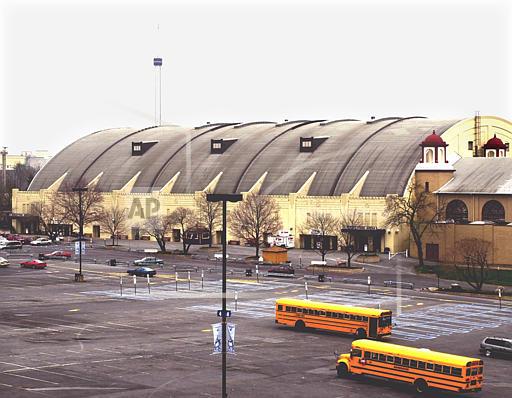 This is an overhead view of the 7,225 seat Hersheypark Arena in Hershey, Pa., shown Friday, April 12, 2002, that was built by candymaker Milton S. Hershey in 1936 as a home for the American Hockey League Hershey Bears. The arena will be retired this fall in favor of a new 10,500 seat $75 million Giant Center close by. The arena was the site of Philadelphia Warriors Wilt Chamberlain scoring 100 points against the New York Knicks in a regular season game in 1962. (AP Photo/Paul Vathis)