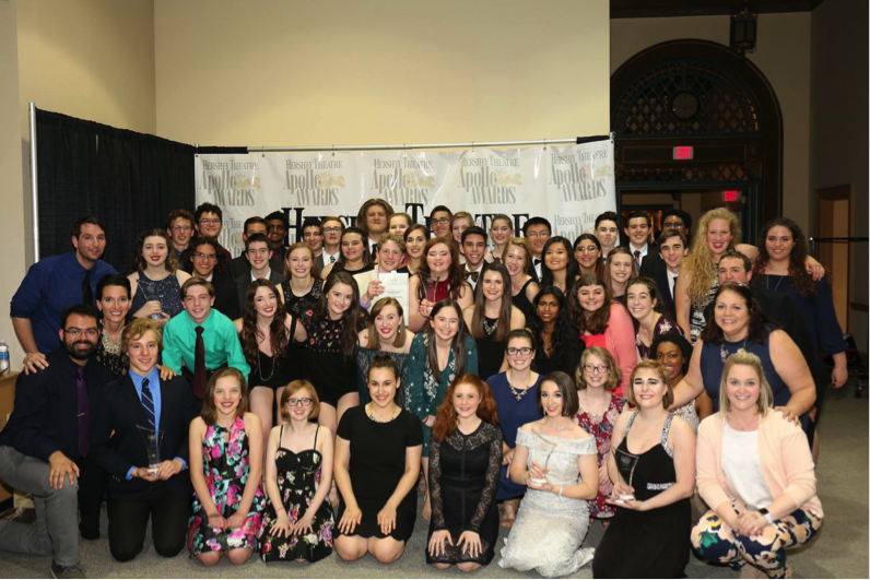 The cast of “Urinetown” poses with their awards in front of the Hershey Theatre Apollo Awards banner. The Apollo Awards took place on Sunday, May 21, 2017, at 7pm. (Submitted/Mark Balanda)