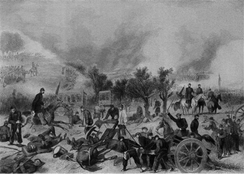  
The battle of Gettysburg at its height July 3, 1863, showing activity behind the Union lines on Cemetery Hill, with force resting and regrouping amid the carnage of battle. The three day battle, which ended in victory for the North, involved a total of 191,480 men on both the Confederate and Union sides. Over 600 field guns were engaged in the furious battle. This scene was drawn by combat artist Alfred R. Waud. (AP Photo)
